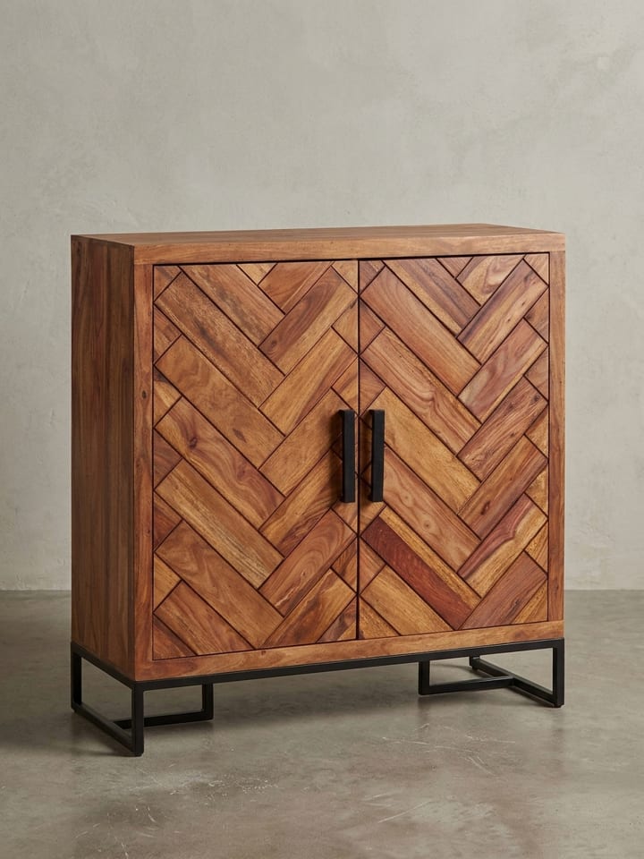 Schuhschrank Sheesham, 100x105x40 cm, Fischgrätmuster, große Ablage