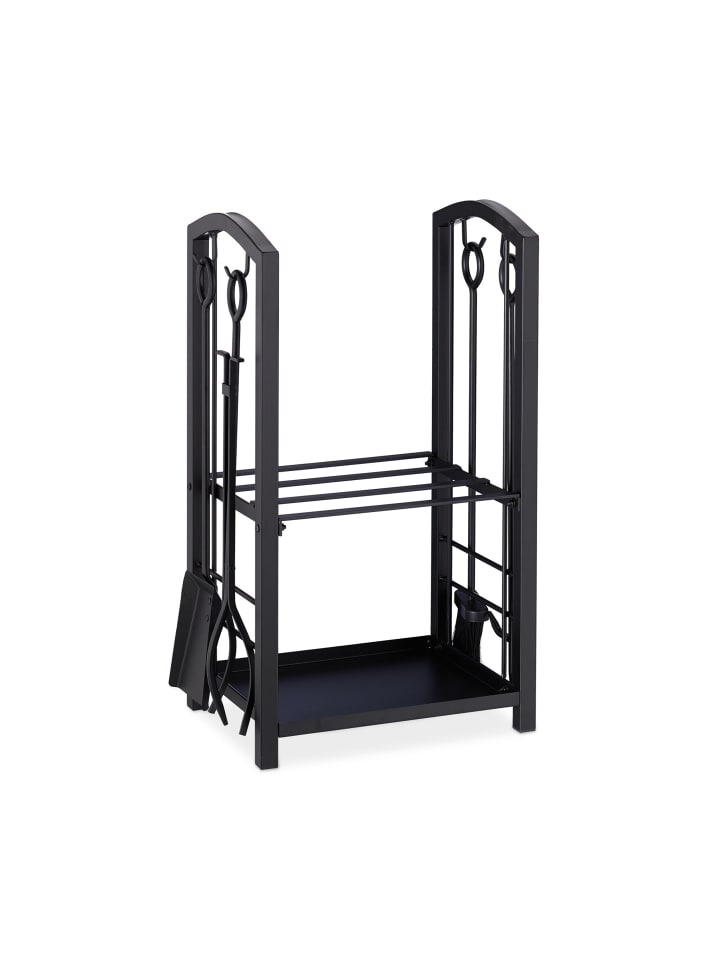 Kaminholzregal mit 4tlg. Kaminbesteck in Schwarz