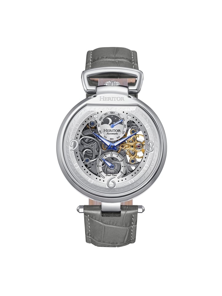 Lincoln Skelettuhr mit Lederarmband und Mondphasenanzeige in Grey