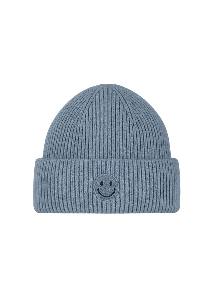 Strickmütze mit Smiley und feinem Rippenstrick in Blau