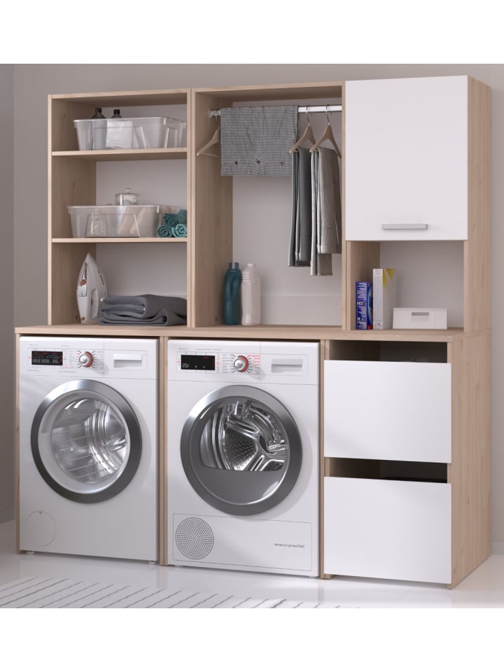 Waschmaschinenschrank weiß, Eiche Jackson, Set 3-teilig 175 cm mit viel Stauraum