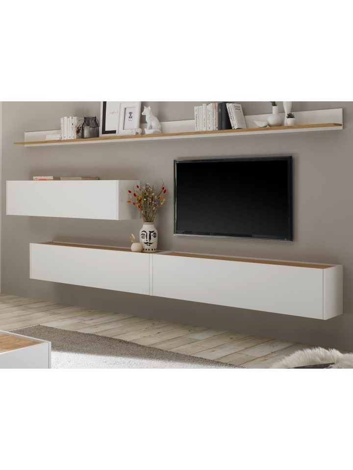 Wohnwand 5-teilig weiß, Eiche Wotan 340 cm, Schrankwand mit mit XXL-Board