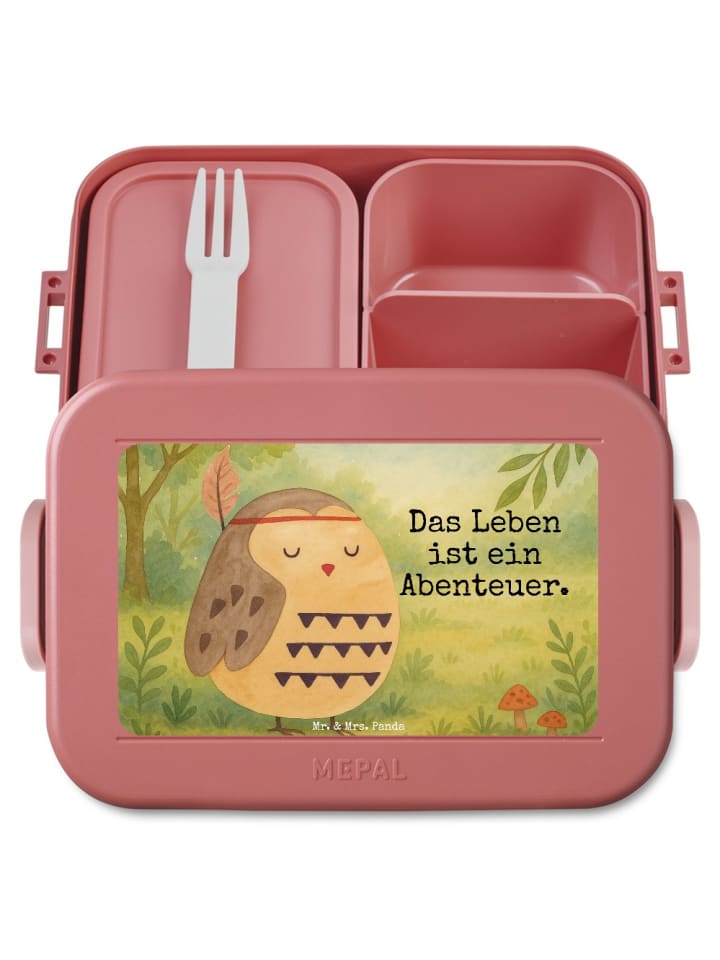 Bentobox Eule Federschmuck Design mit Spruch in Rot Pastell