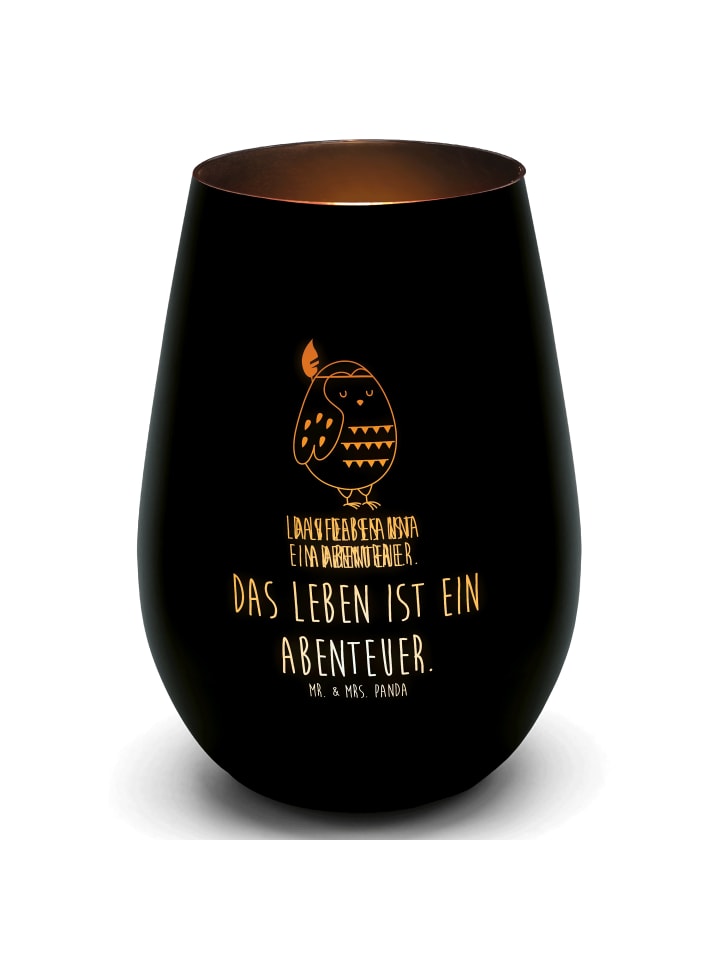 Glas Windlicht Eule Federschmuck mit Spruch in Schwarz