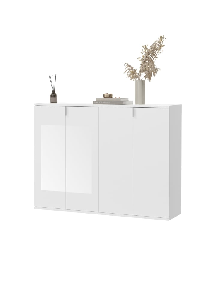 Kommode weiß Hochglanz 122 x 99 cm, Sideboard mit 4 Türen und 12 Fächern