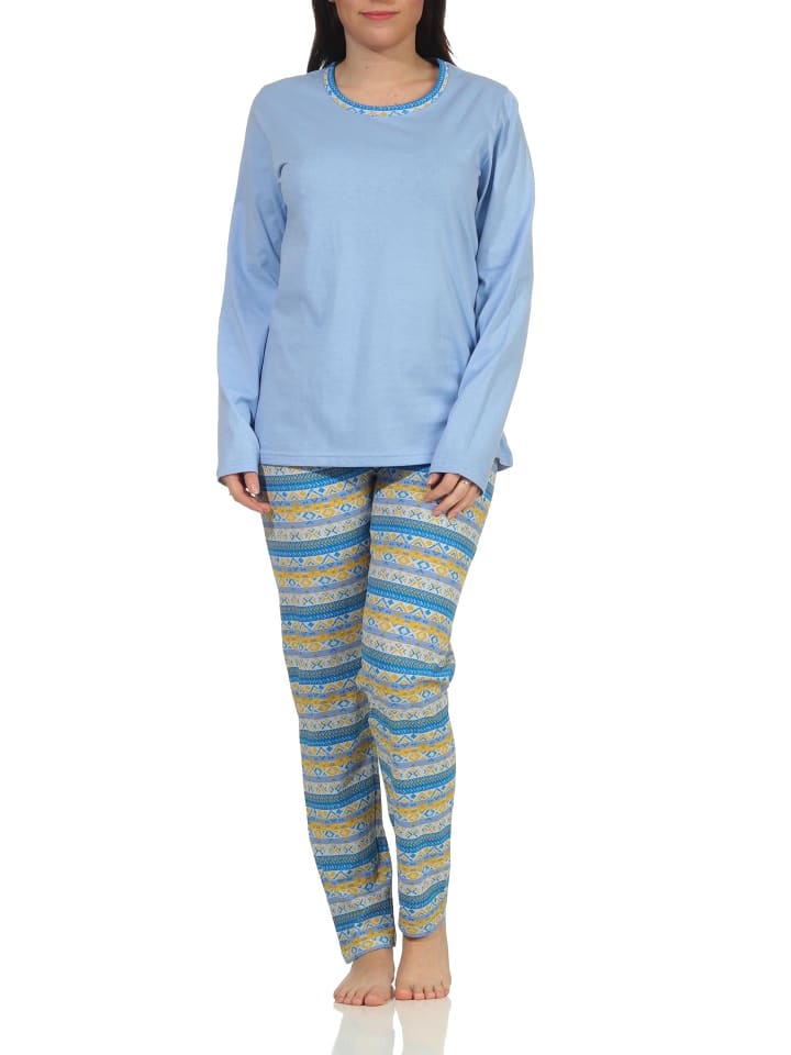 Schlafanzug Pyjama langarm Ethnolook - 62753 in hellblau