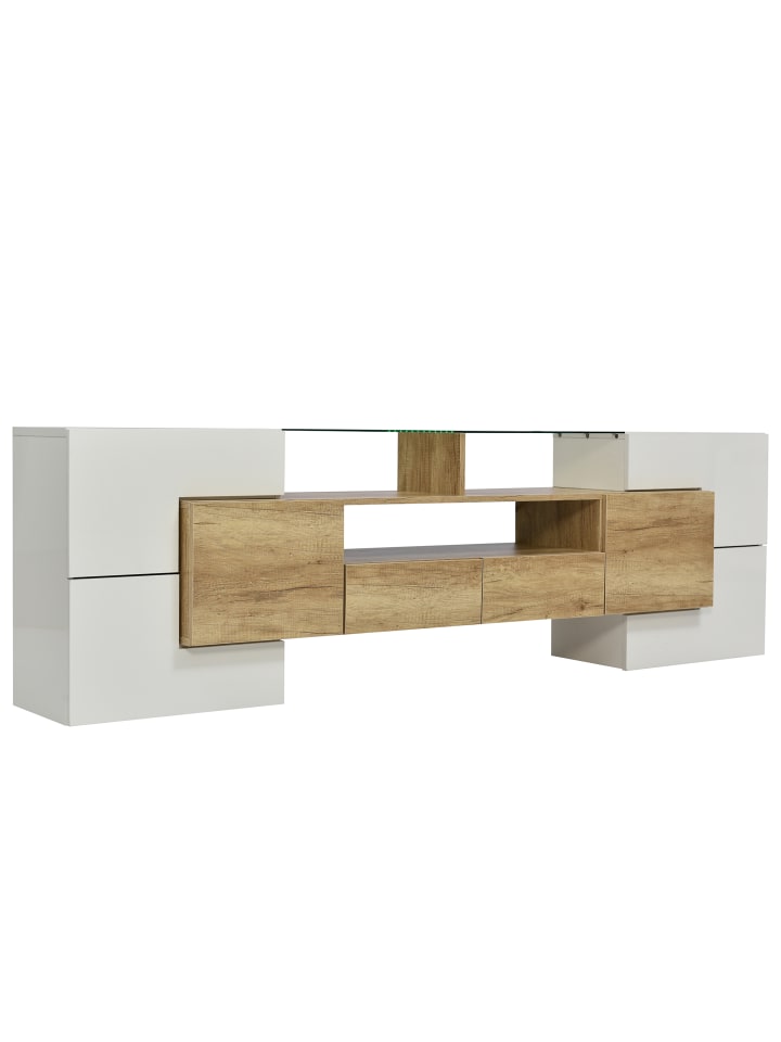 TV Schrank in Hochglanz Weiß 200 cm mit LED Beleuchtung und Glasoberfläche