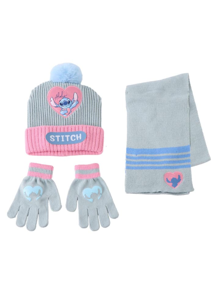 Disney Stitch Kinder 3 Teilig Mütze & Schal & Handschuhe Set in Grau