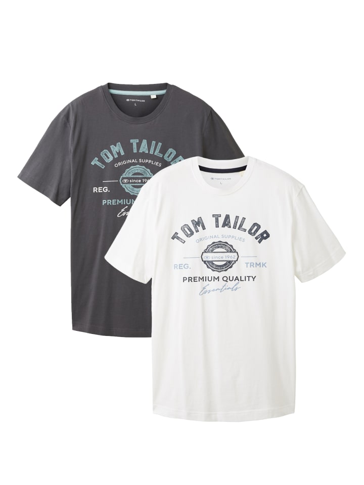 Logo T-Shirt 2-er Pack Kurzarm Set mit Logo Print in Grau-Weiß