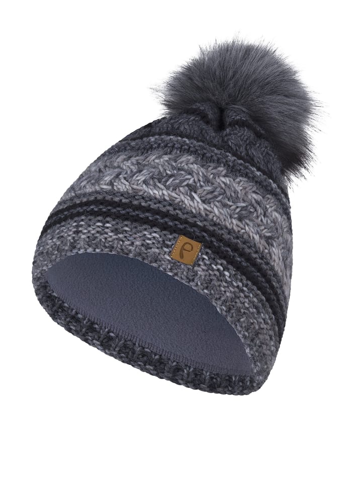 Bommelmütze mit Kunstfell-Bommel und Fleece Futter in Grau