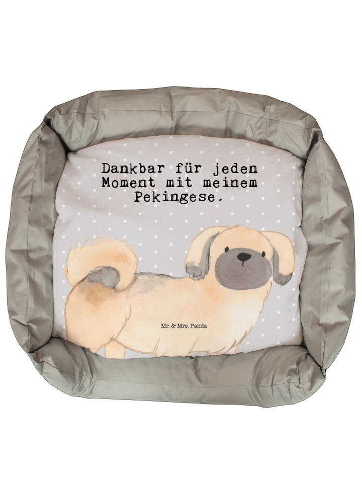 Hundebett Pekingese Moment mit Spruch in Grau Pastell