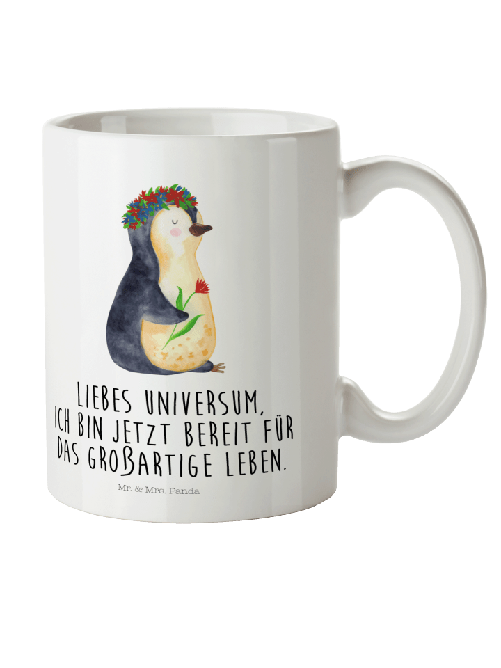 Reisebecher Pinguin Blumen mit Spruch in Weiß