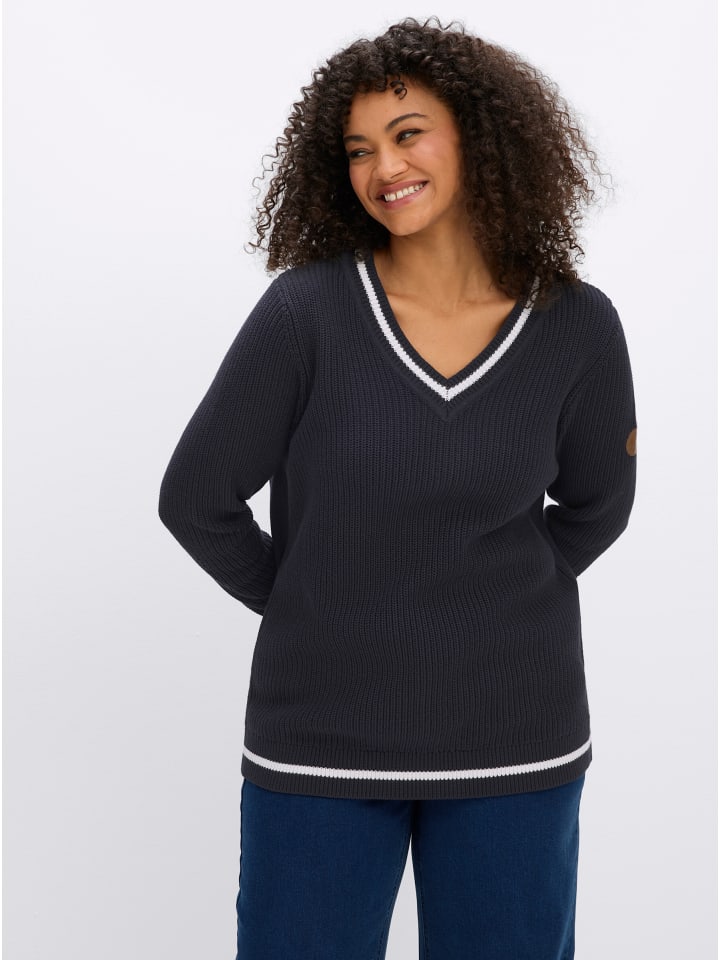 Langarm-Pullover in tiefblau-ecru