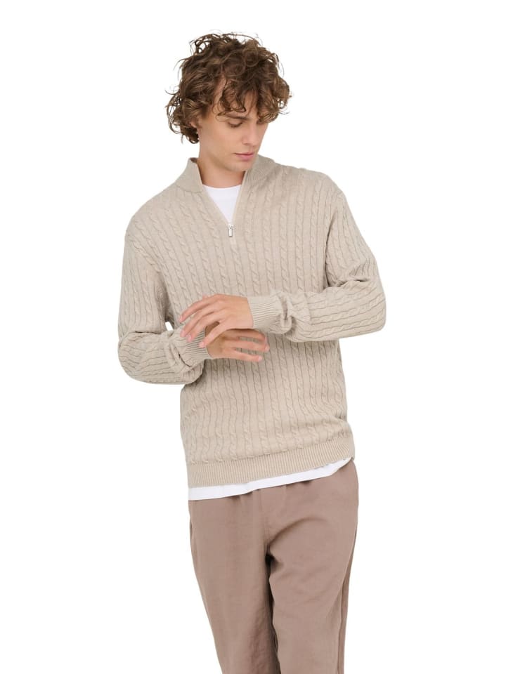 Pullover ONSLOUI REG 12 CABEL HALF ZIP KNIT in Beige