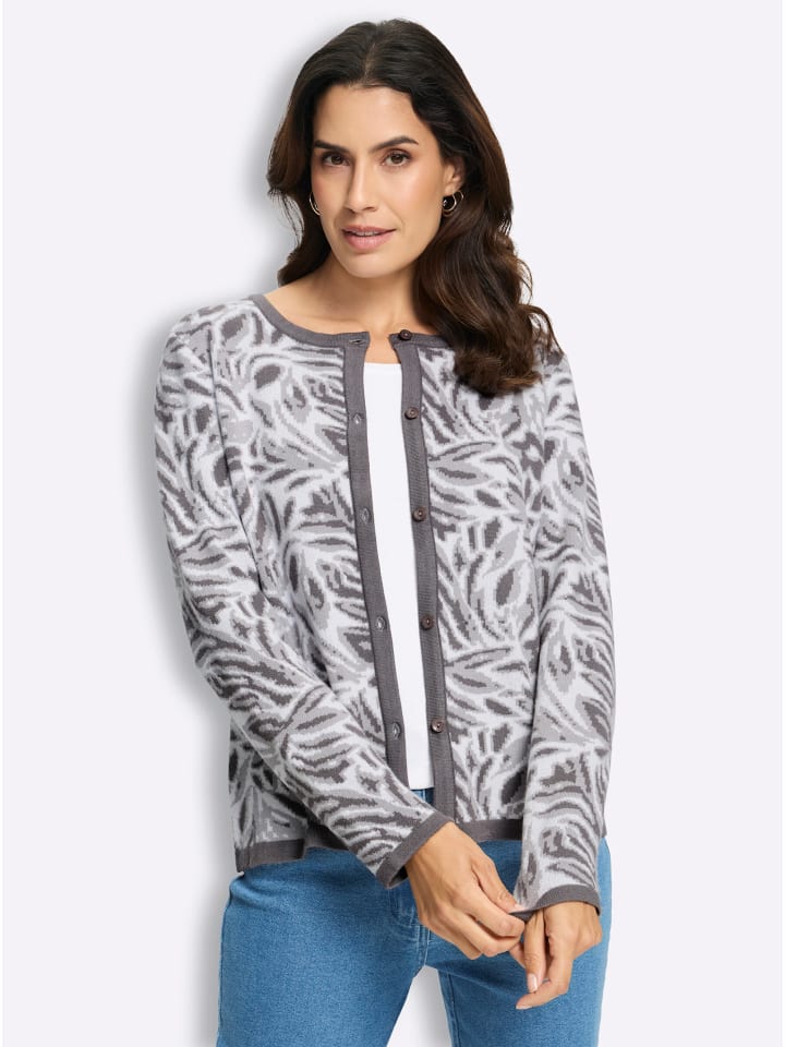 Jacquard-Strickjacke in anthrazit-ecru-gemustert
