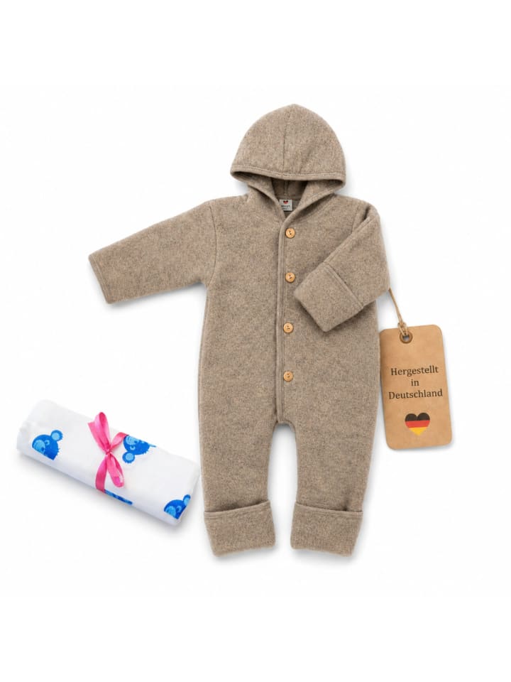 Baby-Overall mit Kapuze, Holzknöpfen & Mulltuch Blaubaer in Walnuss Melange