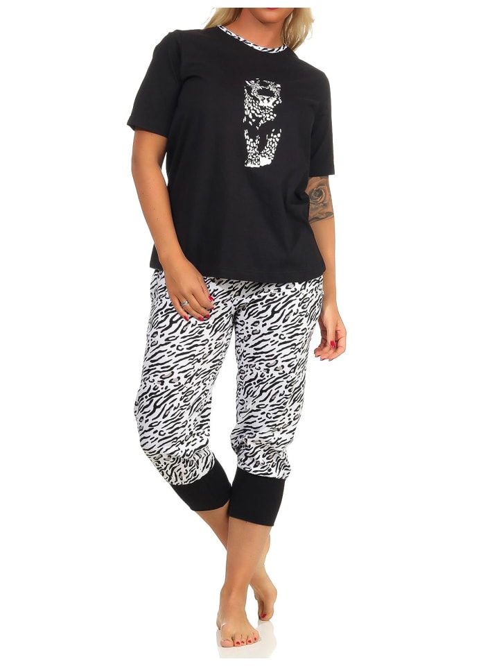 Capri Pyjama kurzarm Schlafanzug Caprihose Bündchen Tiger - 53519 in schwarz