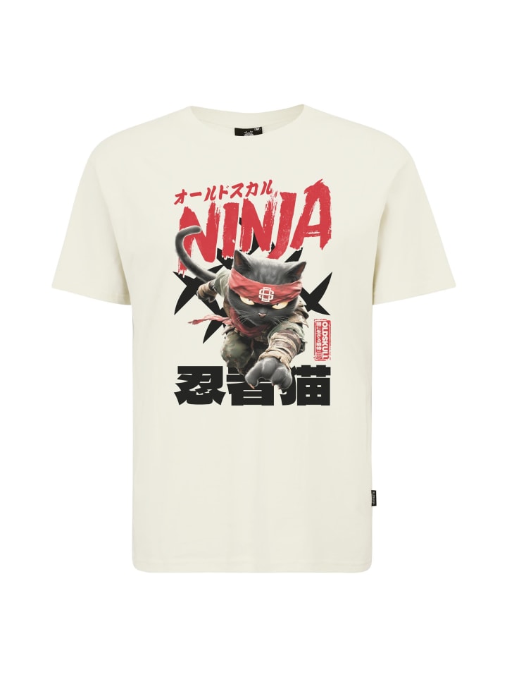 T-Shirt Asian Ninja Cat Graphic in Off White