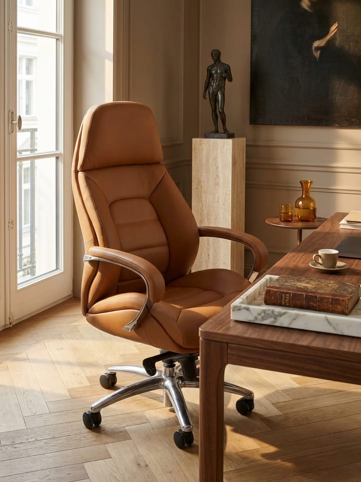 Designer Bürostuhl Bezug Echtleder Caramel Schreibtischstuhl bis 120 in Beige