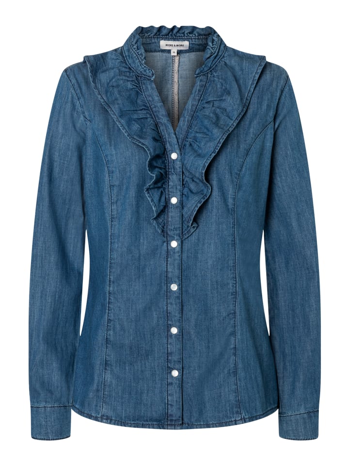 feminine Rüschen-Jeansbluse in middle blue denim