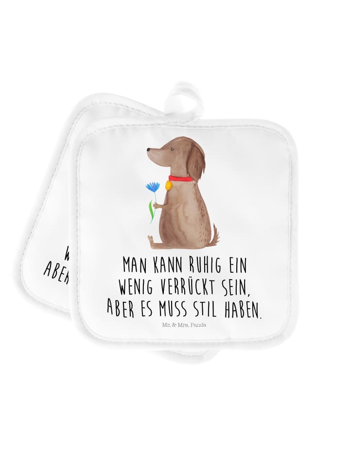 2er Set Topflappen  Hund Blume mit Spruch in Weiß