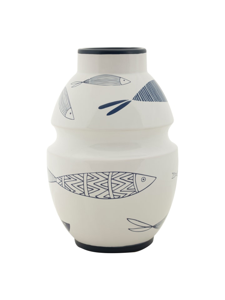 Weiße Keramikvase mit Fischmotiv, Ø 15 x 24 cm
