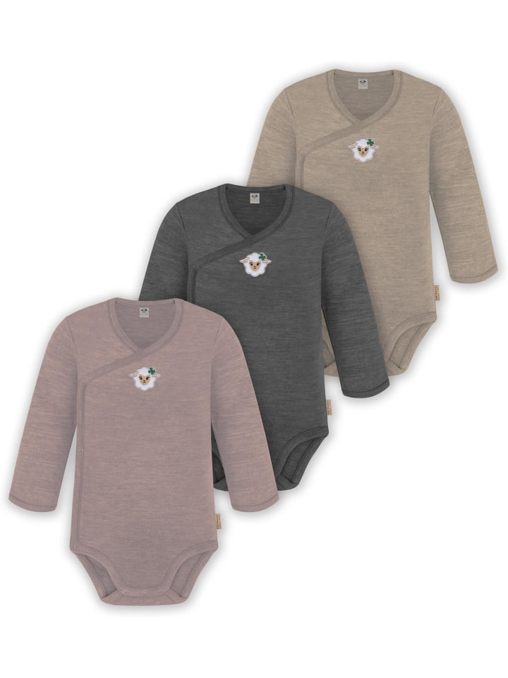 3er Pack Baby Merino Langarm Wickelbody in Beige/Anthrazit/Rosa