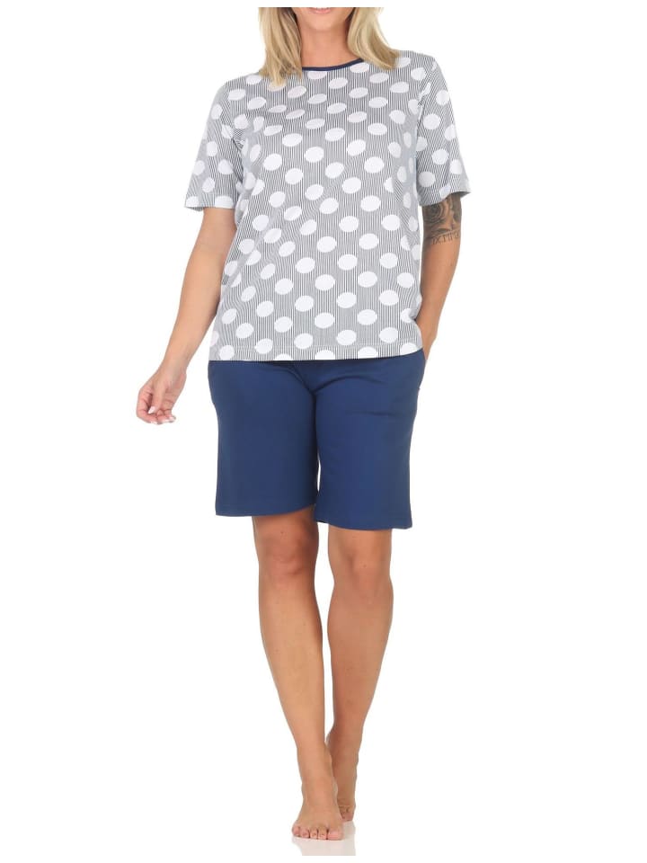 Kurzarm Schlafanzug Shorty Pyjama Tupfen Punkte Look in marine