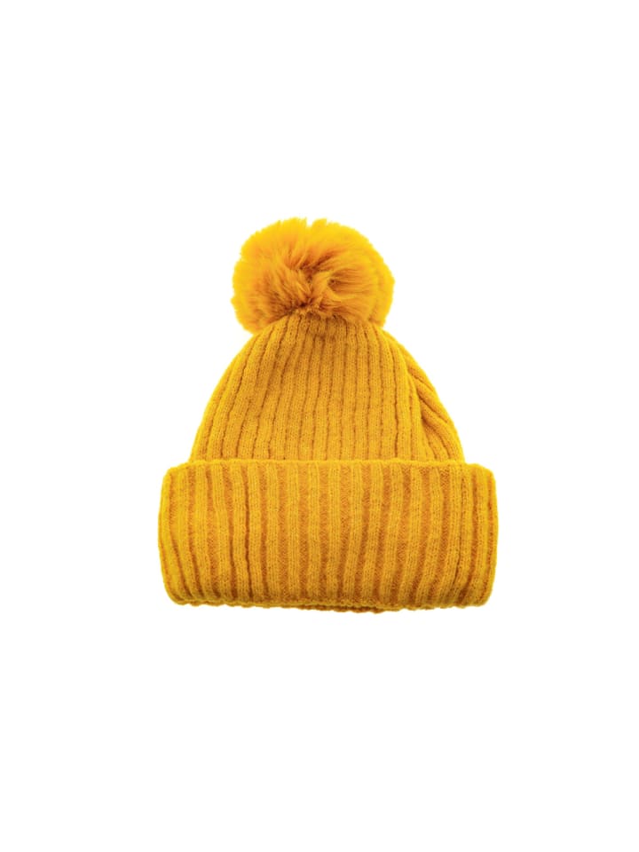 Bommelmütze mit Innenfutter Strickmütze zum Warmhalten in Senfgelb