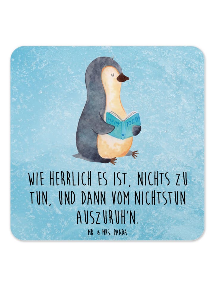 Gläseruntersetzer Pinguin Buch mit Spruch in Eisblau