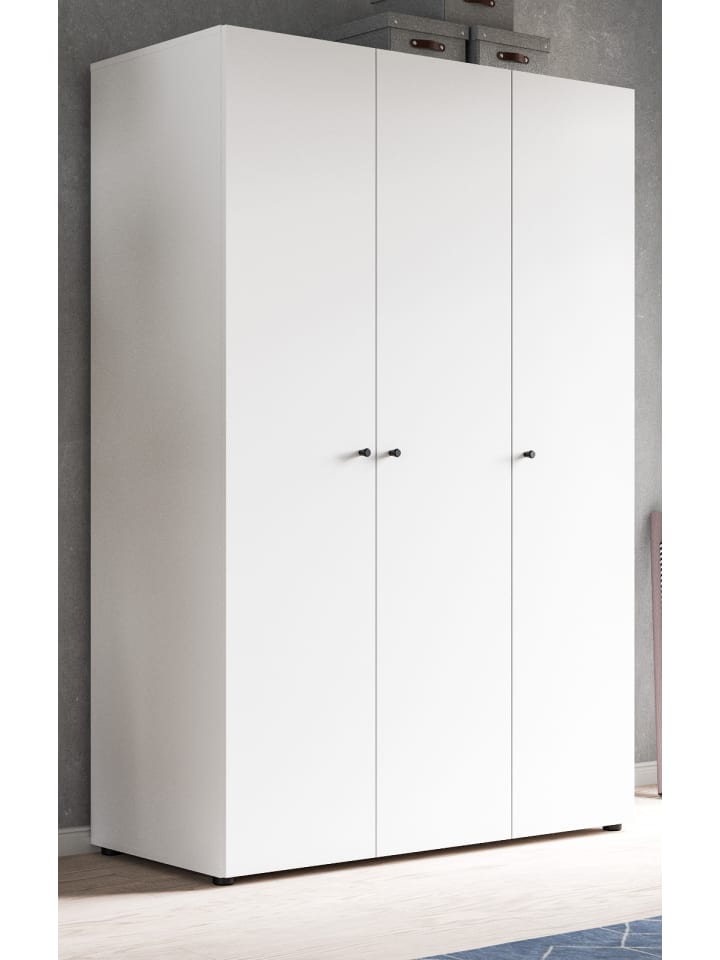 Kleiderschrank weiß 3-türig 120 cm, Drehtürenschrank mit Kleiderstange