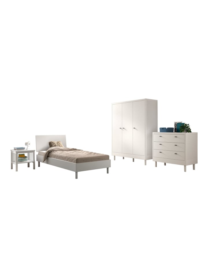 EINZELBETT SET 90x200 Keeley Buche Weiß Holz Schrank Kommode