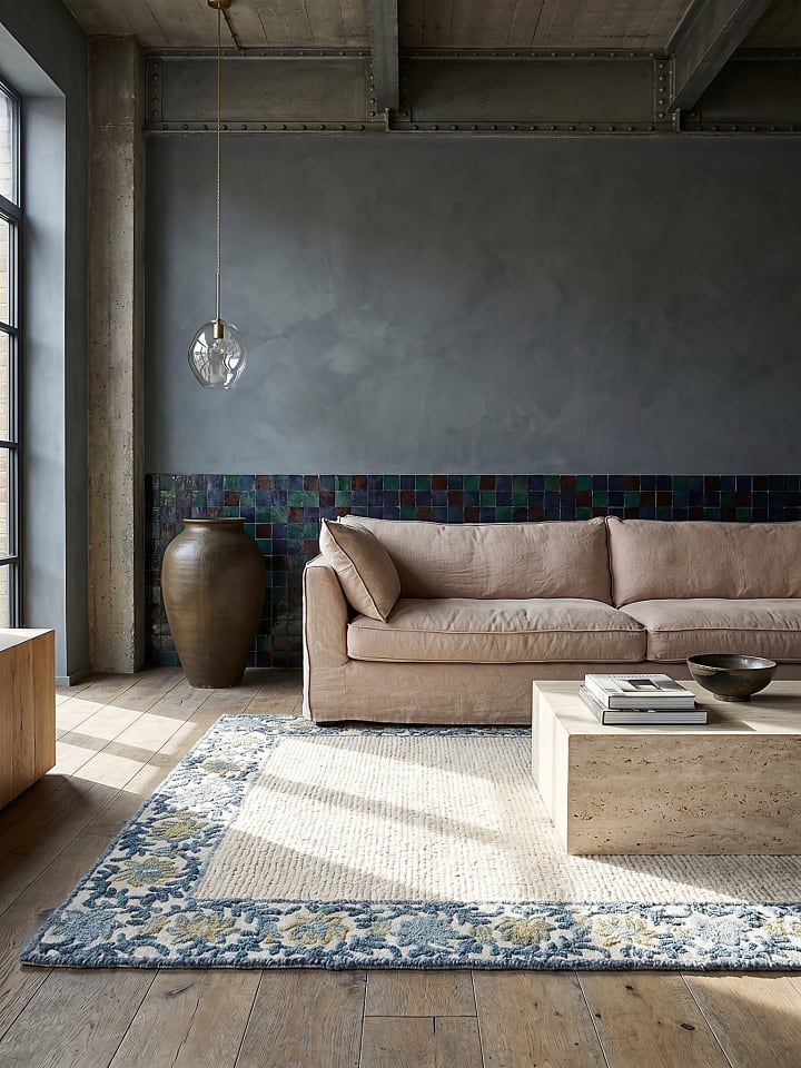 Teppich Wolle Handgetuftet BROK Floral Wohnzimmer Wohnlich in Blau-Beige