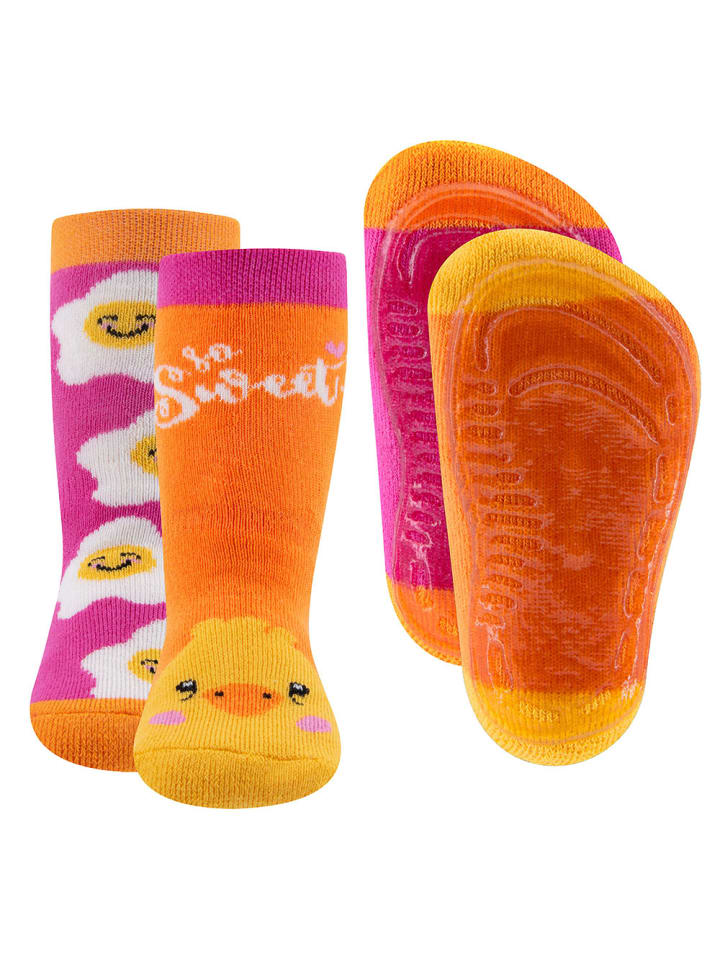 2er-Set Stoppersocken ABS 2er Pack Küken/Spiegeleier in mandarine-pink