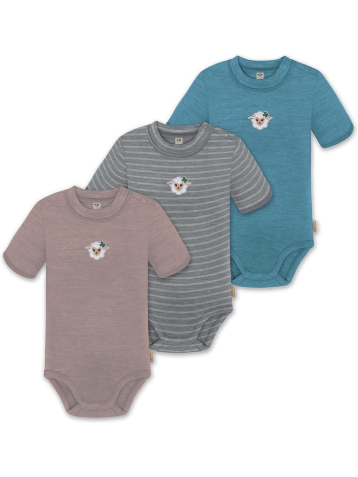 3er Set Unisex Baby Merino Kurzarm-Strampler Kurzarm Body mit Knopf in Blau/Grau/Rosa