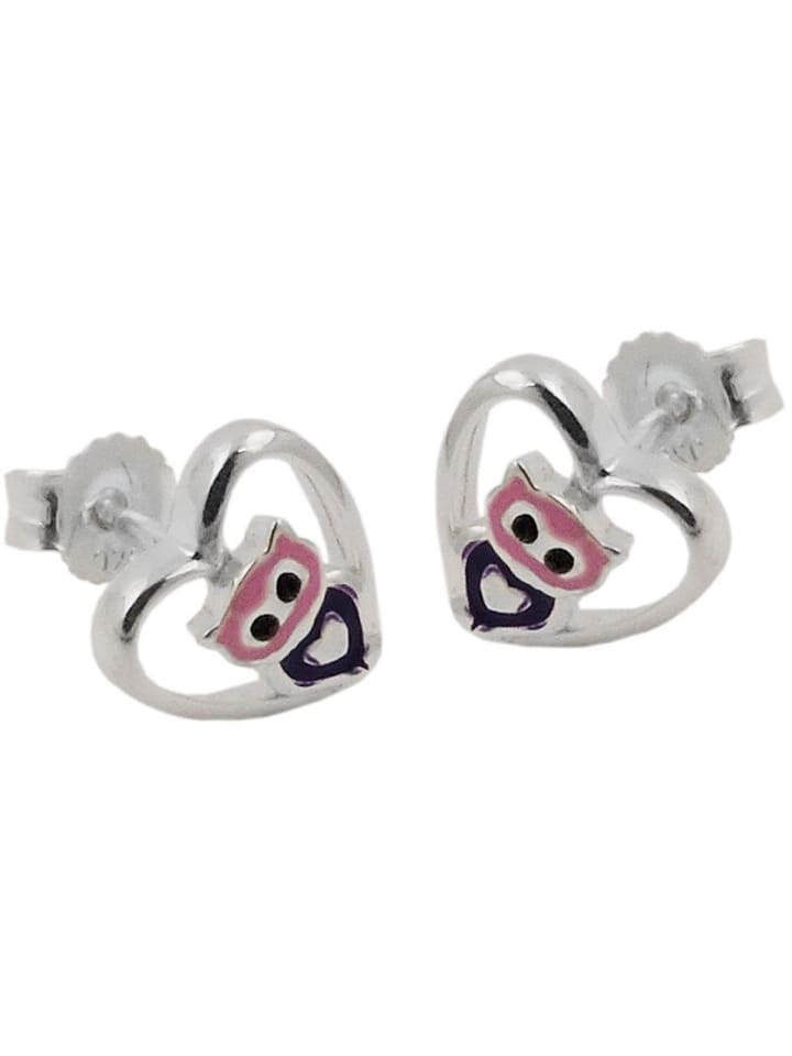 Ohrstecker Ohrring 8mm kleine Eule im Herz lila-pink glänzend Silber 925 in silber