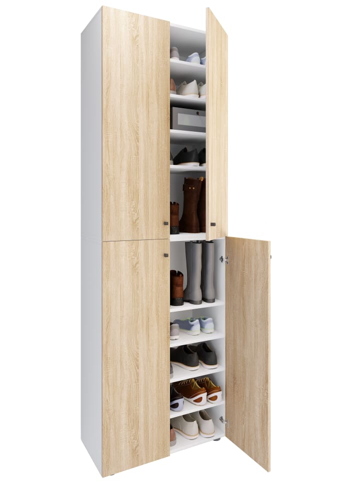 XL Holz Großer Schuhschrank Schuhkommode Lona 10 in Weiß / Sonoma-Eiche