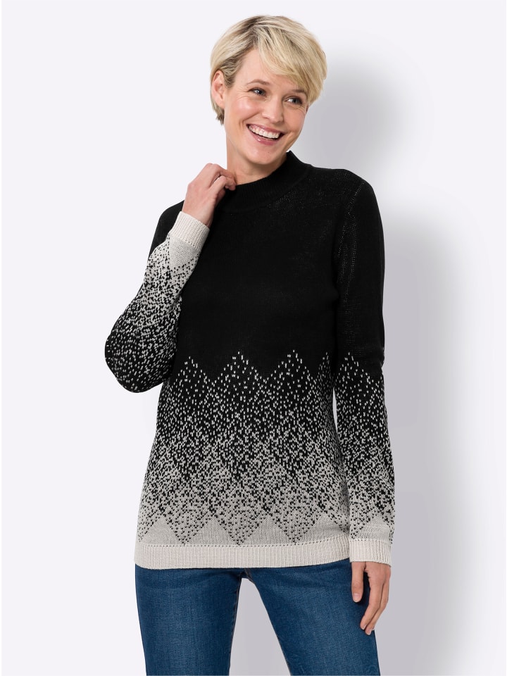 Stehkragen-Pullover in elfenbein-schwarz-gemustert