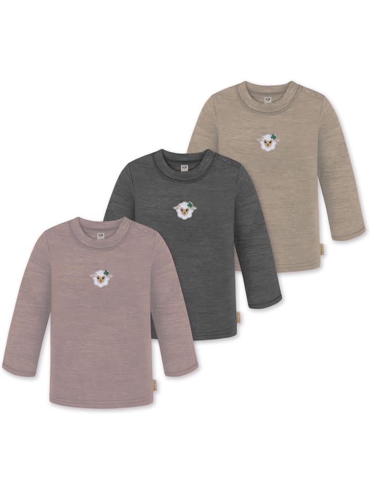 3er Pack Baby Merino Longsleeve Taupo in Beige/Anthrazit/Rosa