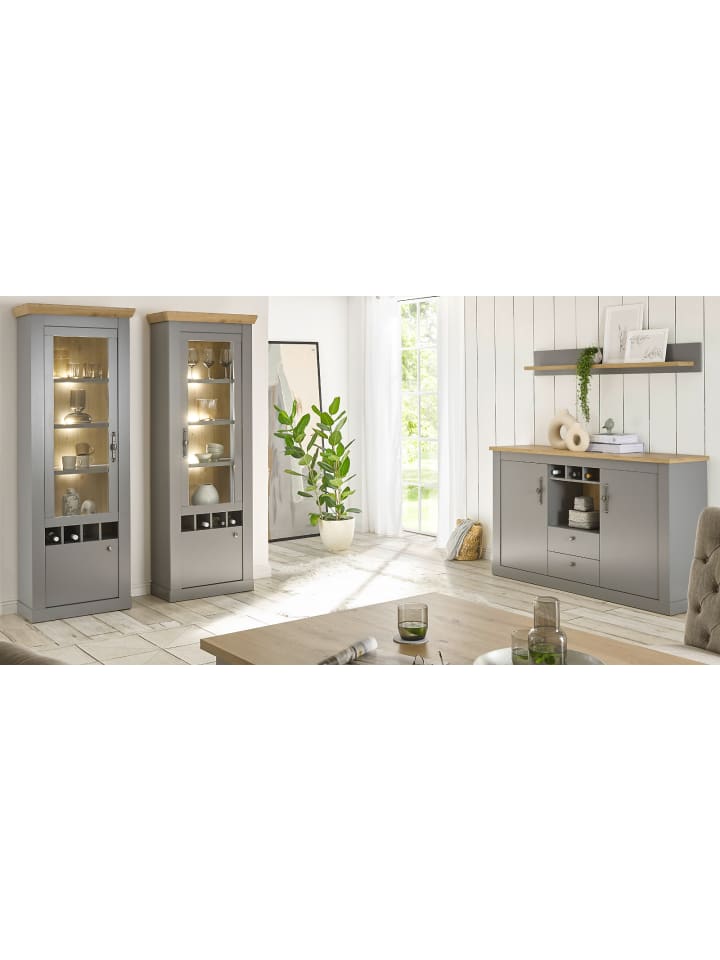 Wohnwand grau, Artisan Eiche Landhaus 4-teilig, Wohnkombination viel Stauraum
