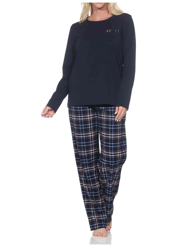 Schlafanzug langarm karierte Flanell Pyjamahose in navy