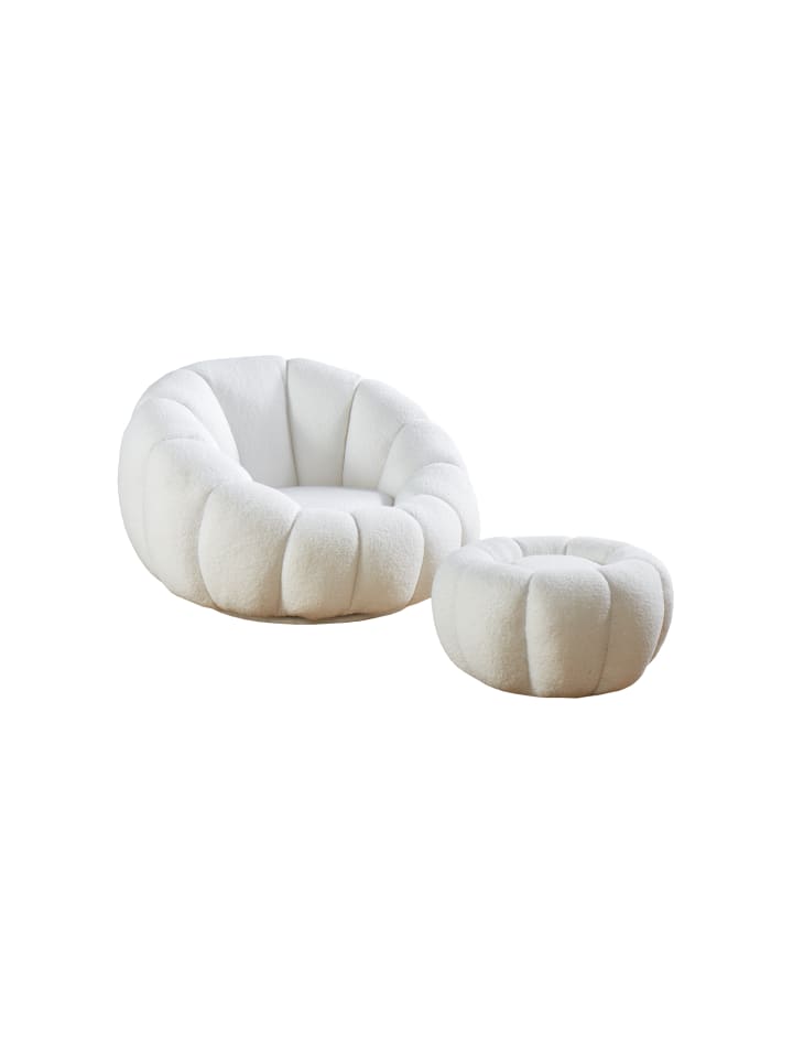 Sessel mit Hocker drehbar 360° aus Teddyfell in Weiß