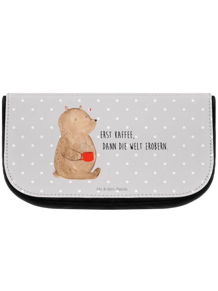 Kosmetiktasche Bär Kaffee mit Spruch in Grau Pastell