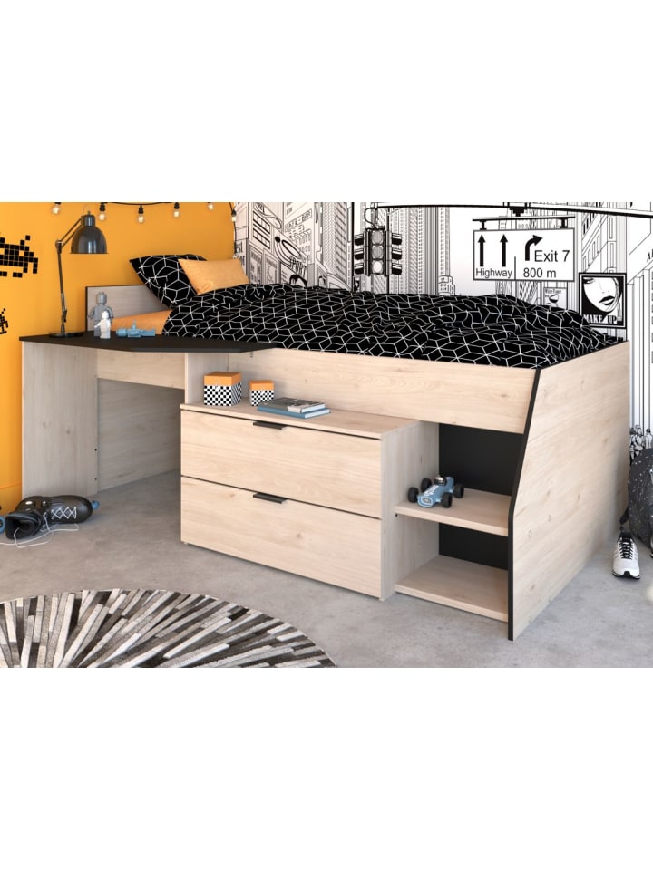 Hochbett Jugendzimmer Bett 90 x 200 cm 2x Schubkasten, Stauraum