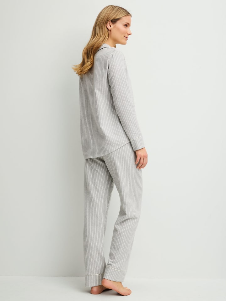 Damen Pyjama aus Baumwollflanell mit Hemdkragen in Pearl Blue