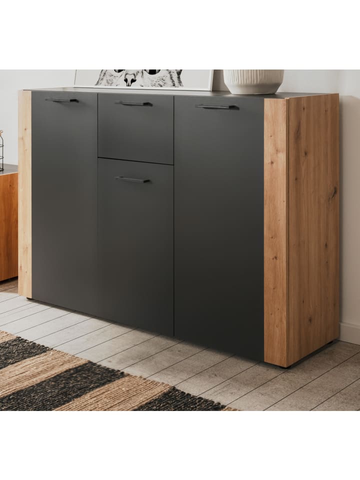 Sideboard grau, Artisan Eiche 126 x 85 cm, Kommode 3-türig