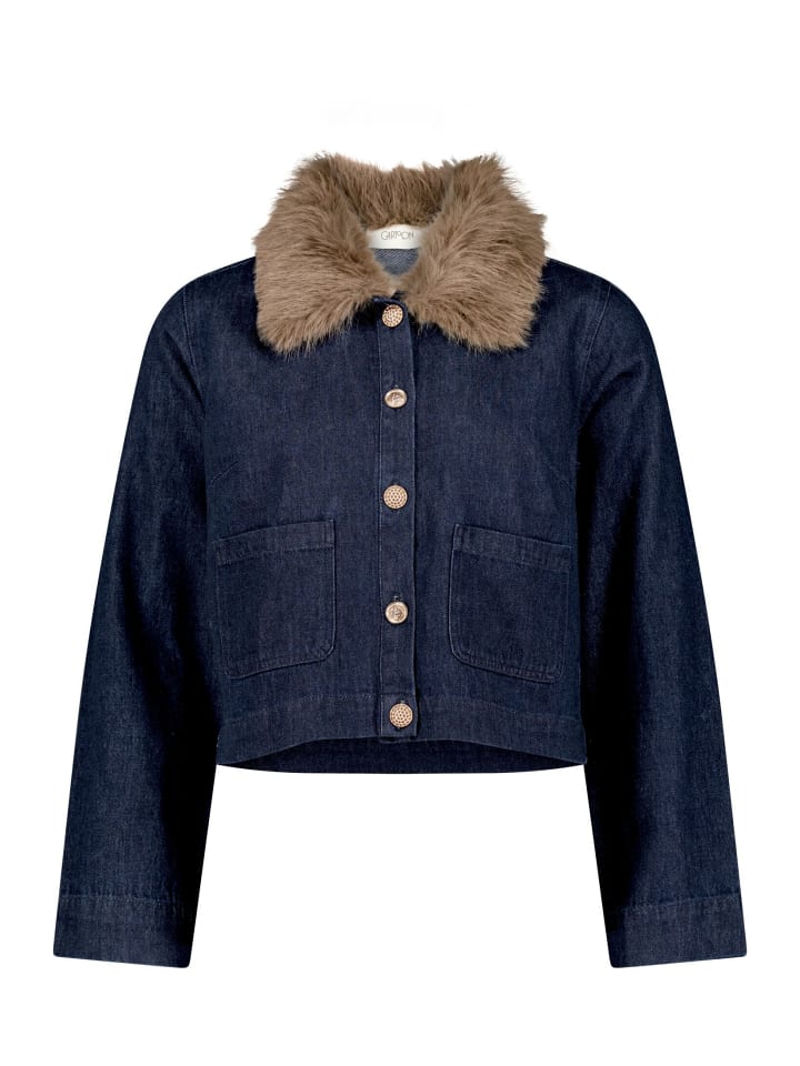 Jeansjacke mit Kunstfellkragen in Patch Blue/Brown