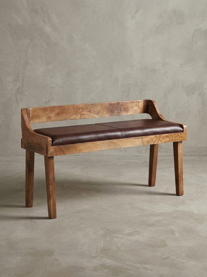 Sitzbank | Echtleder/Holz, 108x63x43cm, Rückenlehne