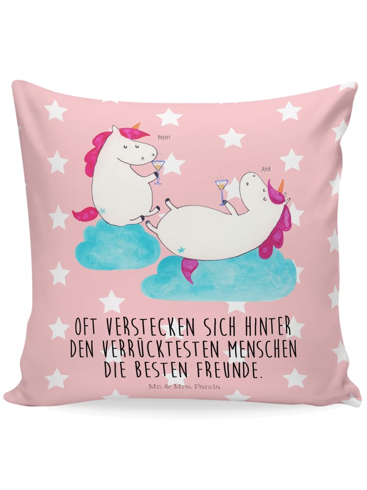 40x40 Kissen Einhorn Sekt mit Spruch in Rot Pastell