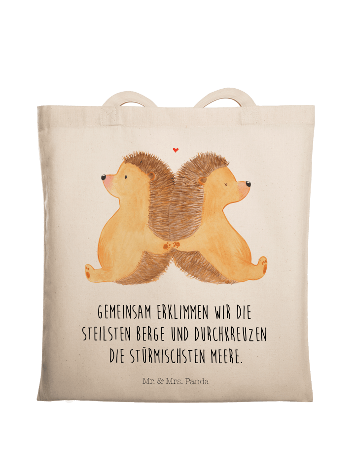 Stofftasche Igel händchenhaltend mit Spruch in Creme